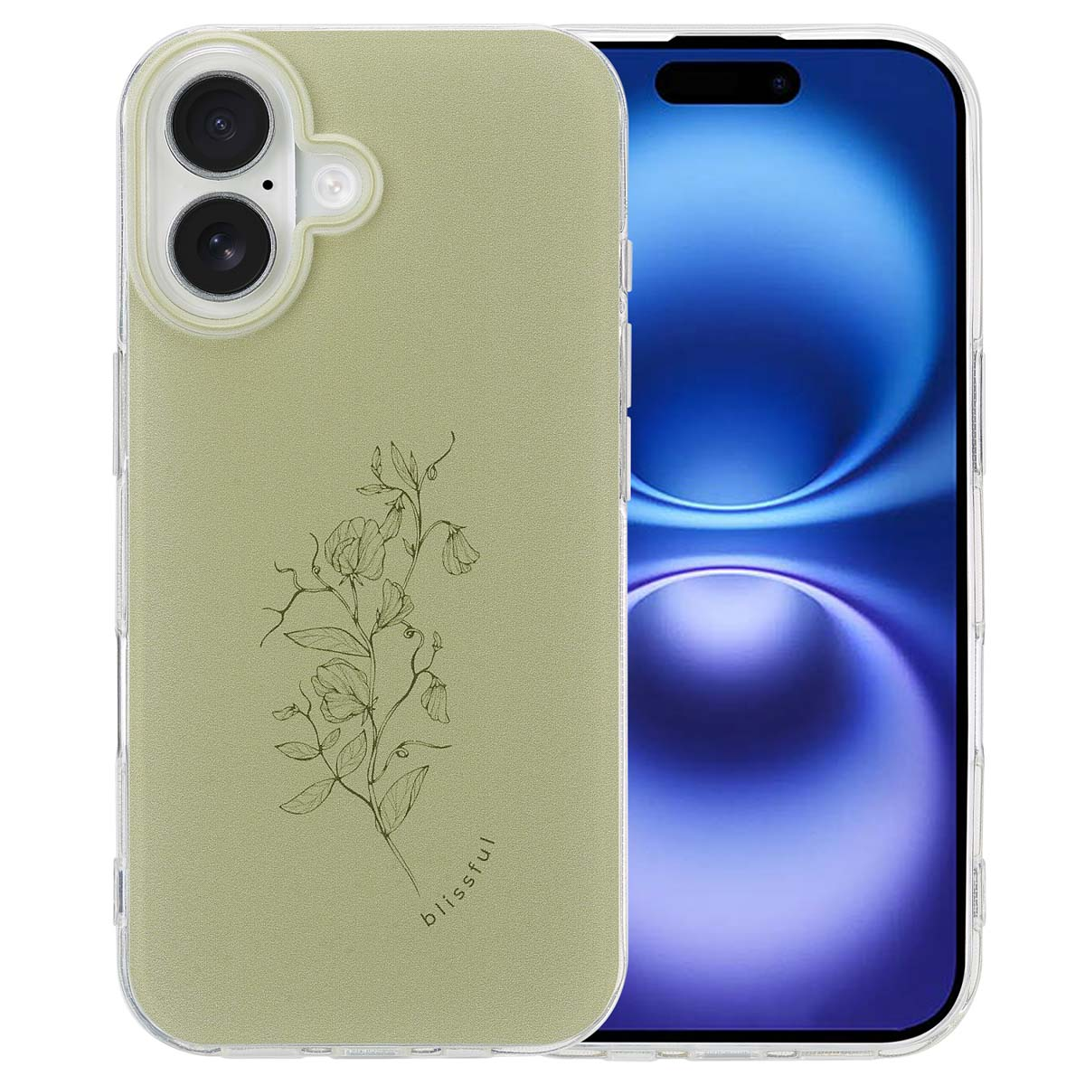 Groene telefoonhoes met bloemenontwerp. De telefoon is blauw. 'blissful' staat op de hoes.