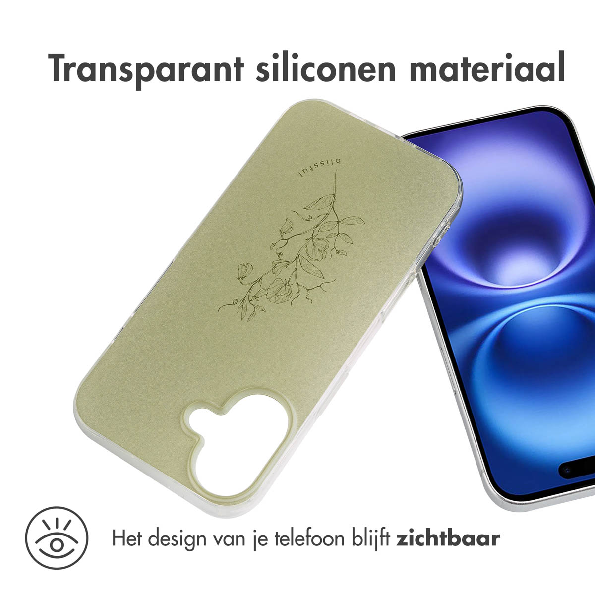 Transparante telefoonhoes met bloemenontwerp en telefoon erin. Tekst: Transparant siliconen materiaal.