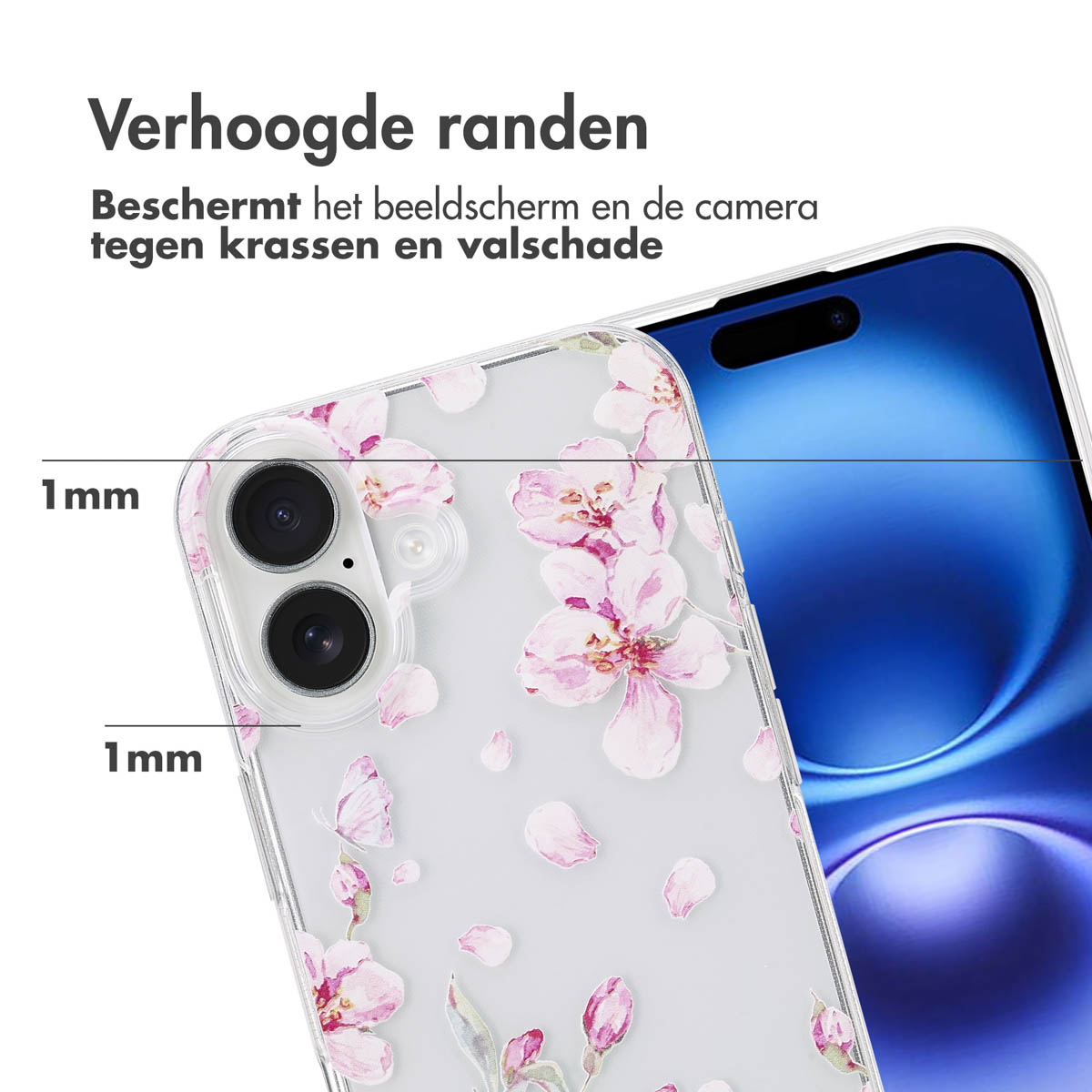 Een doorzichtig telefoonhoesje met een roze bloemenontwerp. De hoes zit op een telefoon.