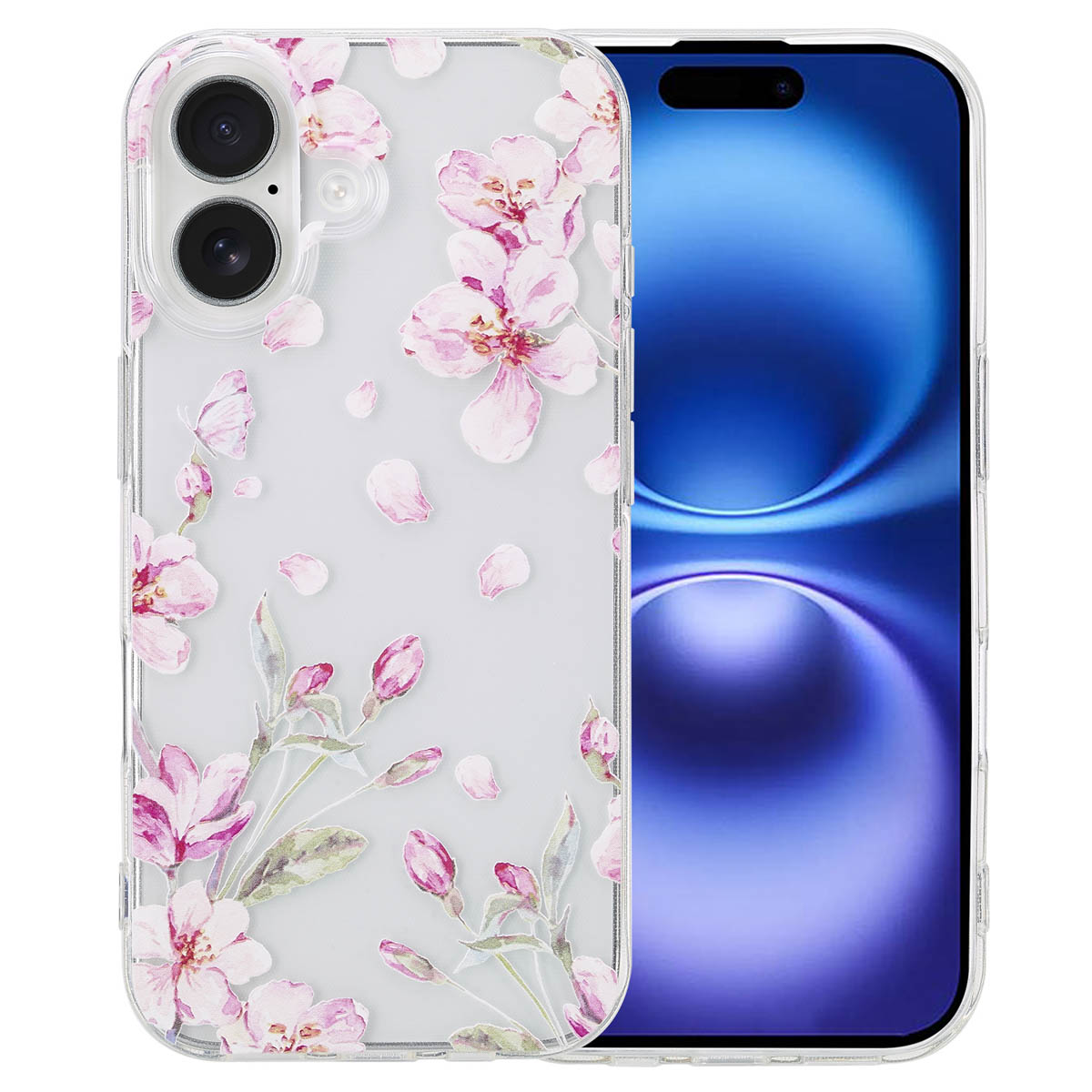 Transparante telefoonhoes met roze bloemdesign, met een telefoon met een blauw patroon scherm.