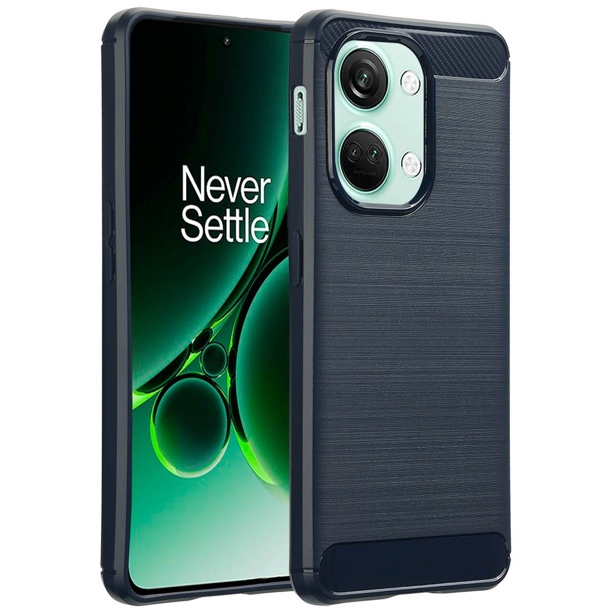 Een donkerblauwe telefoonhoes met een telefoon erin. De hoes heeft een getextureerde achterkant en dubbele camera's.