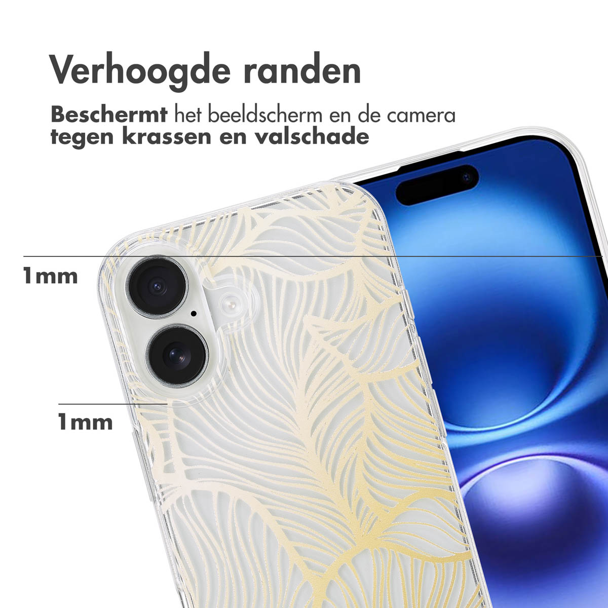 Telefoonhoesje met een bladerpatroon en de tekst 'Verhoogde randen' en 'Beschermt het beeldscherm en de camera'.