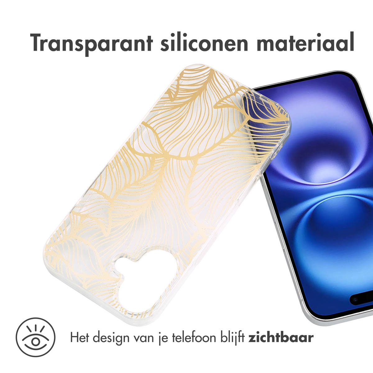 Transparant telefoonhoesje met goudblad ontwerp. Het ontwerp is doorschijnend en wordt getoond met een telefoon erachter.