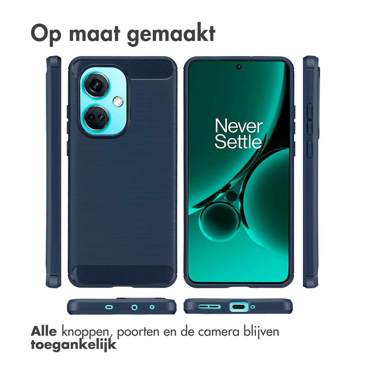 Custodia blu navy con un telefono all'interno. Vengono mostrate più viste della custodia. Tutti i pulsanti sono accessibili.