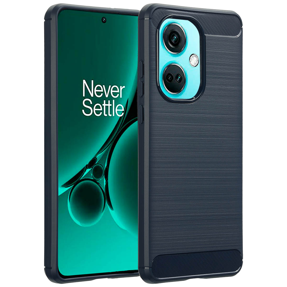 Custodia per telefono con telefono all'interno. La custodia è nera, il telefono ha uno schermo verde. Sfondo bianco.