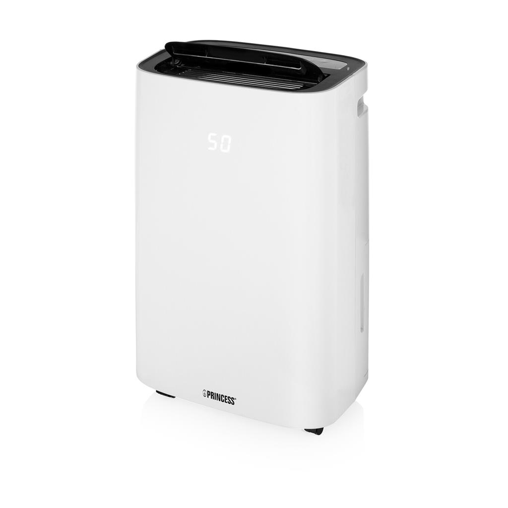 Deshumidificador blanco con parte superior negra. Tiene una pantalla que muestra el número 50.