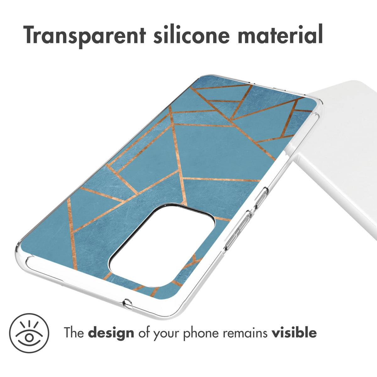 Transparent silicone phone case with a geometric gold design on a blue background. The phone's design is visible.
