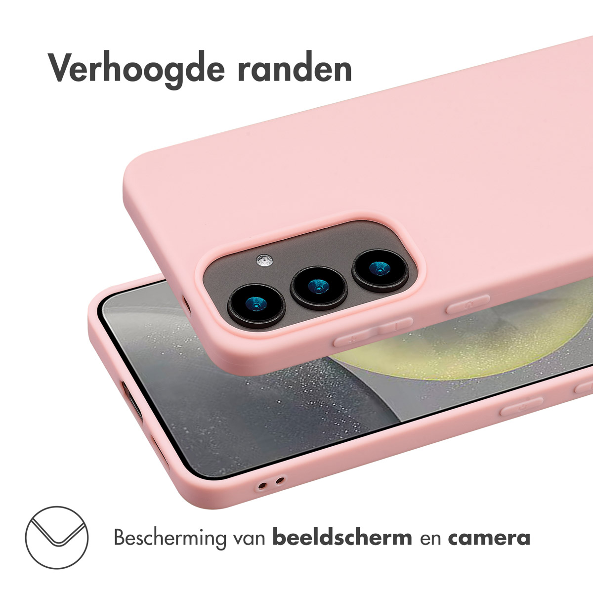 Coque rose avec un téléphone, montrant la caméra. La coque protège l'écran.