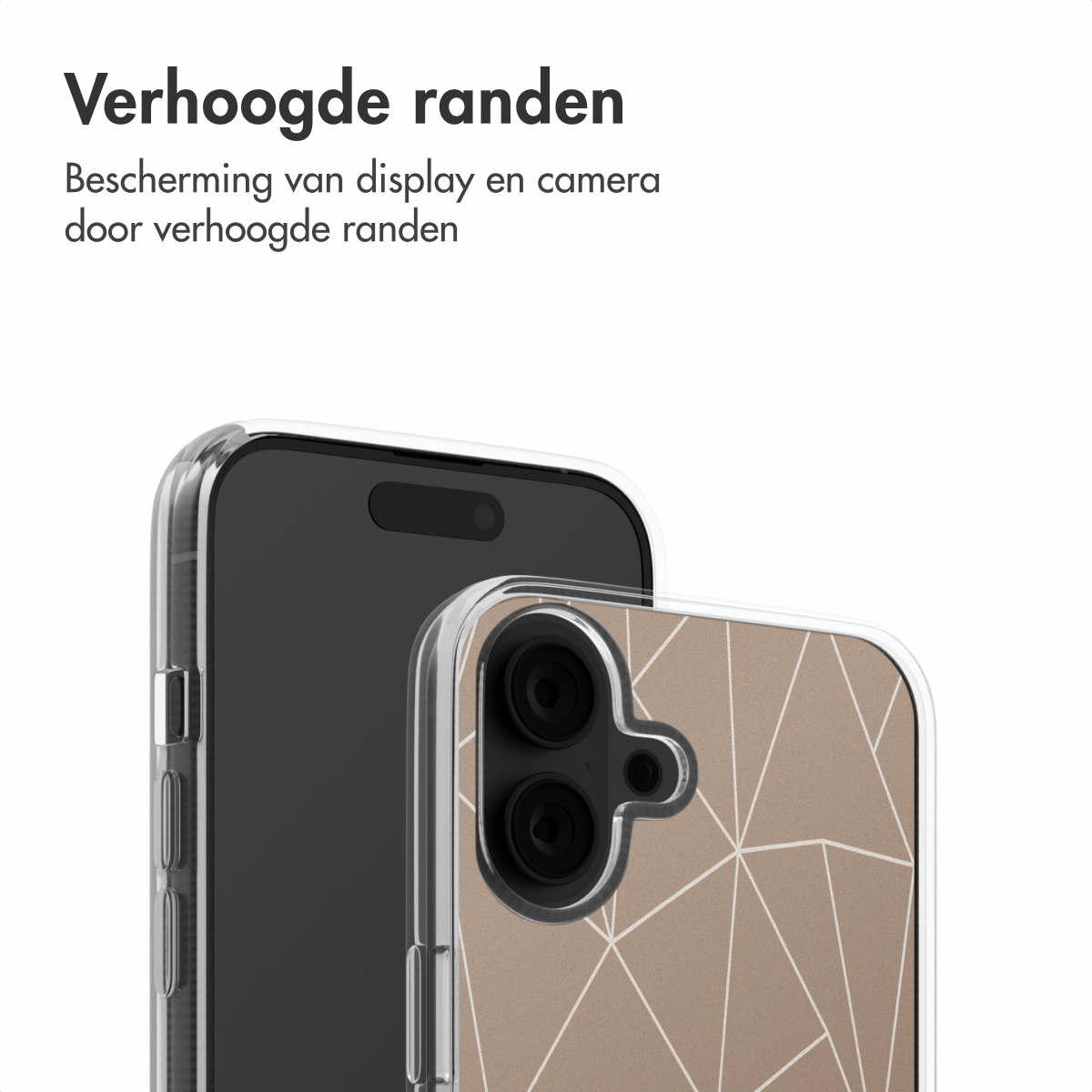 Een telefoon en hoesje, met verhoogde randen. Hoesje met een patroon en transparante achterkant.