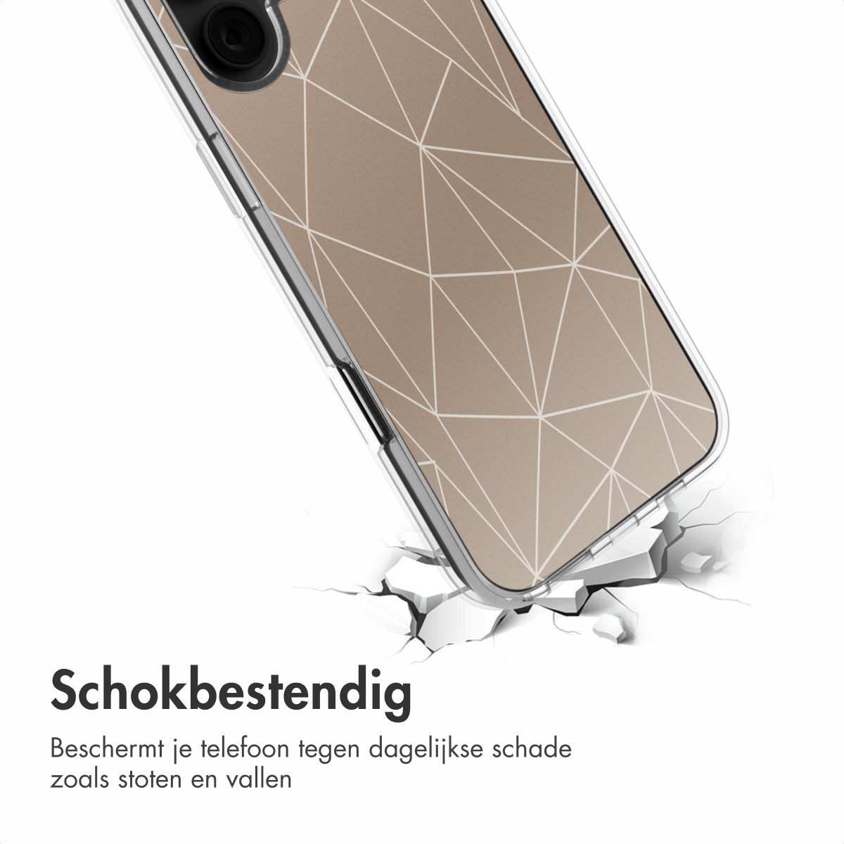 Telefoonhoesje met geometrisch patroon op een wit oppervlak met een scheur.