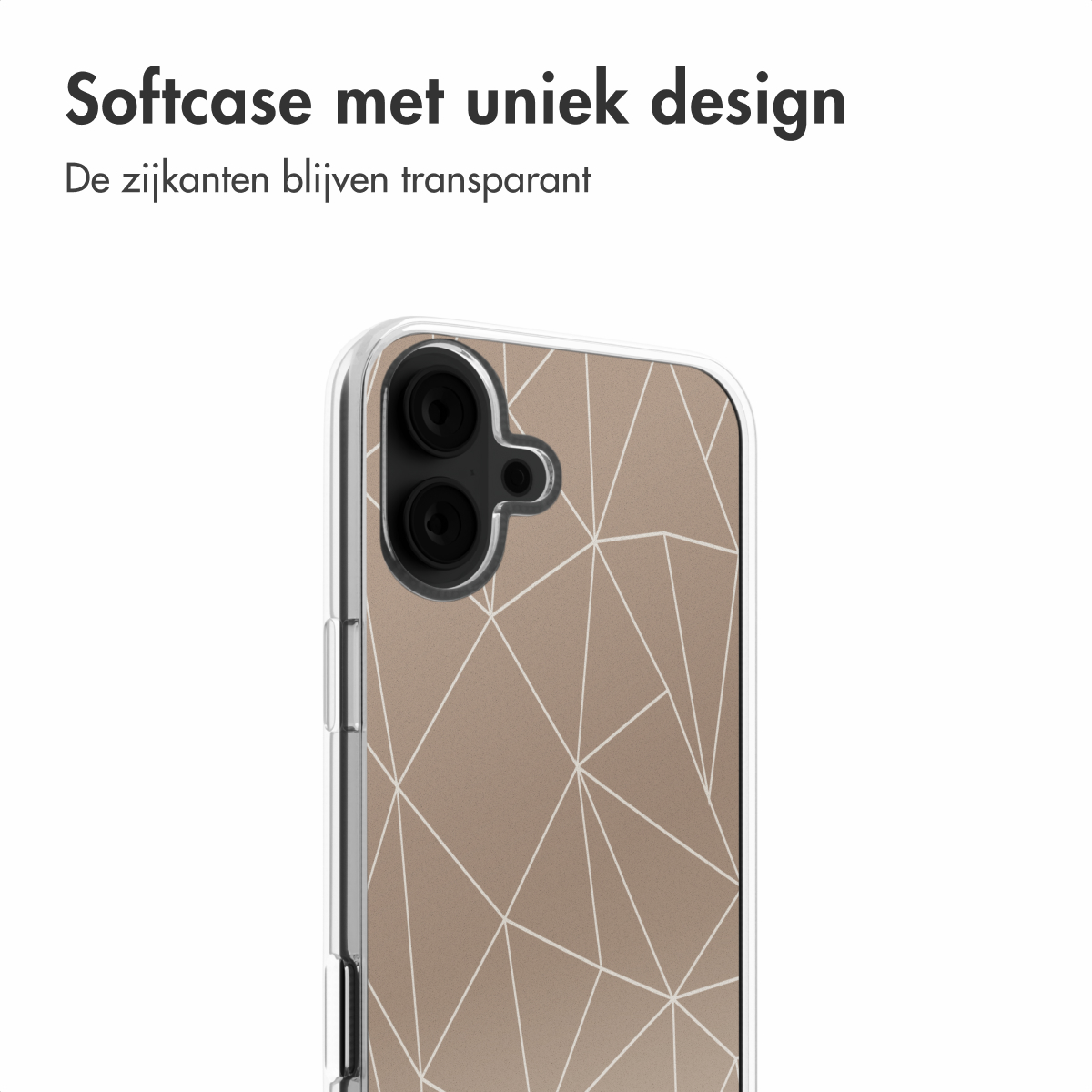 Telefoonhoesje met een geometrisch ontwerp in bruin en wit. De zijkanten zijn transparant. Witte achtergrond.