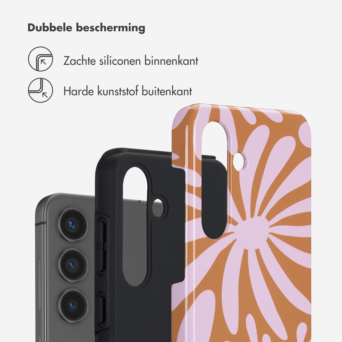 Telefoon en hoesje met bloemen, toont dubbele bescherming: zacht binnenin, hard buiten.