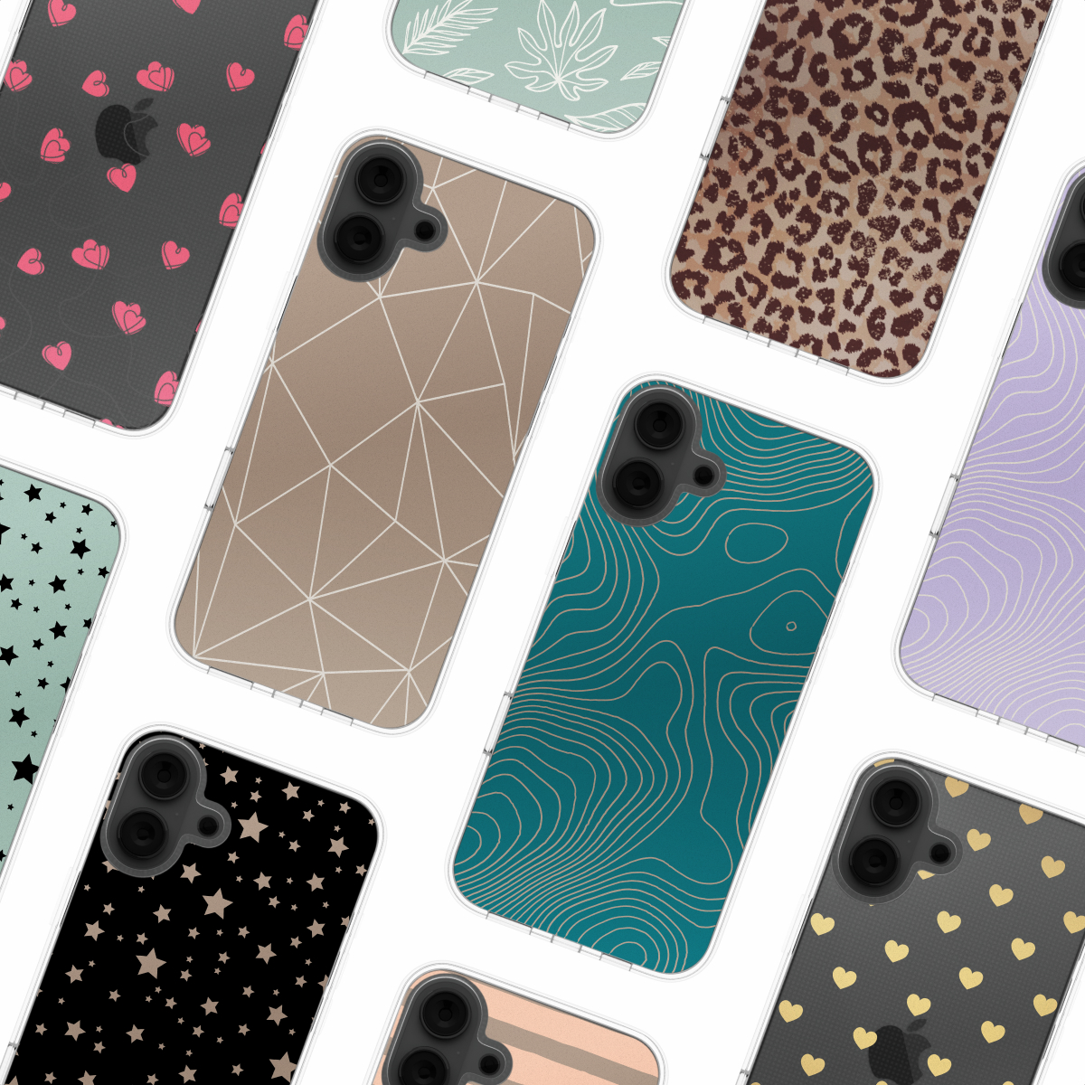 Verschillende telefoonhoesjes met verschillende patronen, waaronder harten, geometrische vormen en sterren.