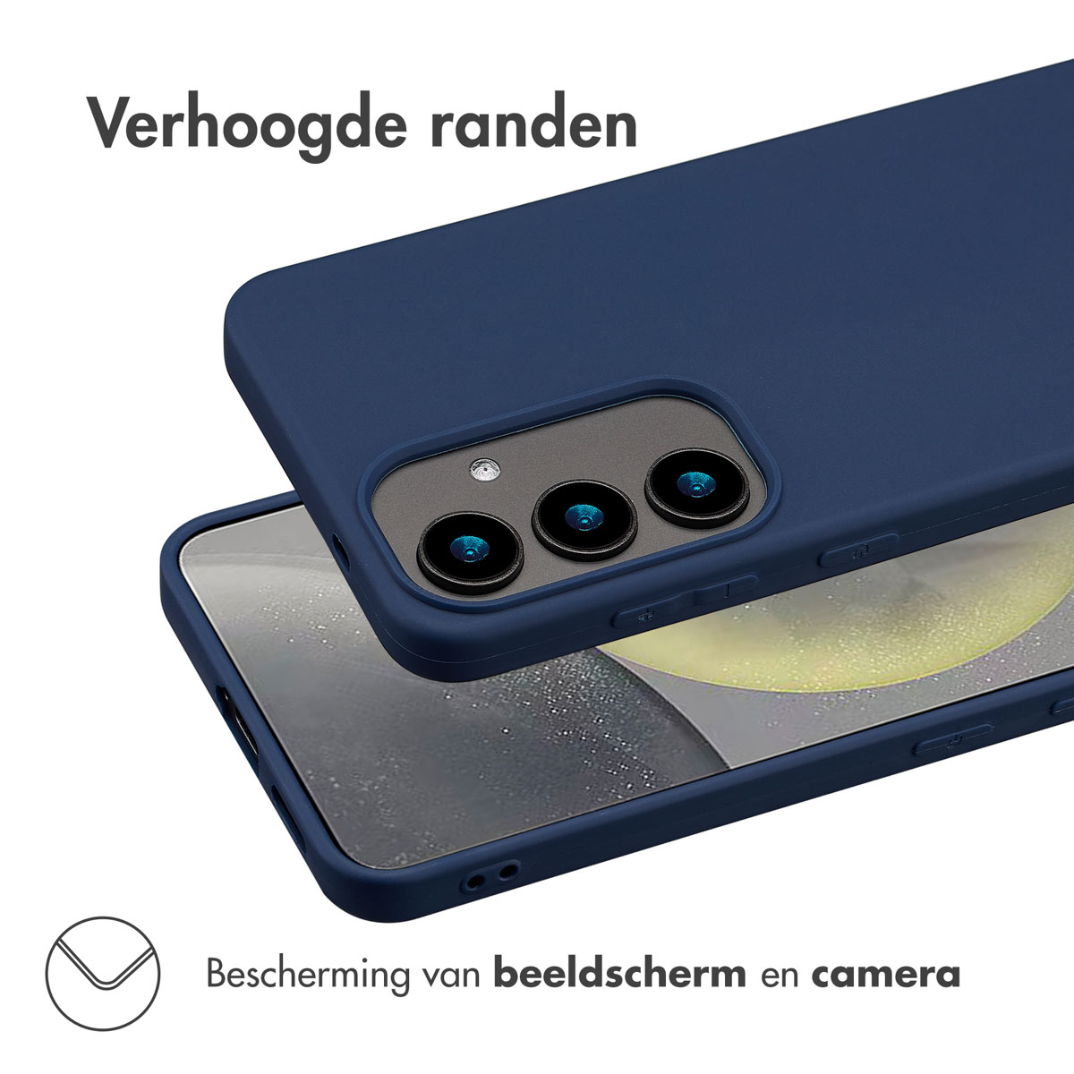 Een donkerblauwe telefoonhoes met een telefoon erin. De telefoonhoes heeft verhoogde randen.