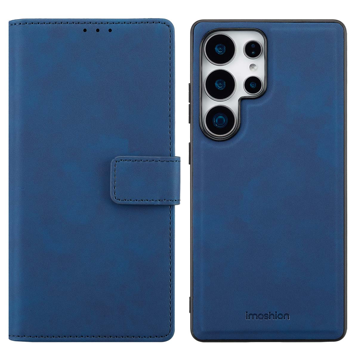 Blauwe leren telefoonhoes, open. Telefoon zit in de hoes. De hoes heeft een magnetische sluiting.