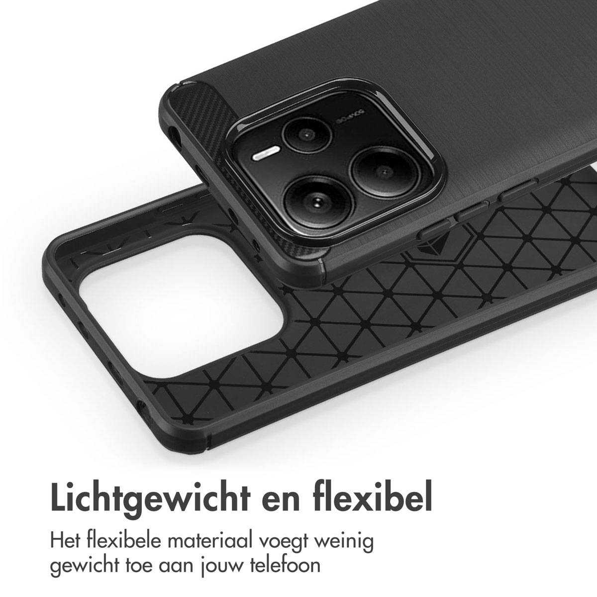 Una custodia e un telefono, custodia nera, interno con design geometrico.