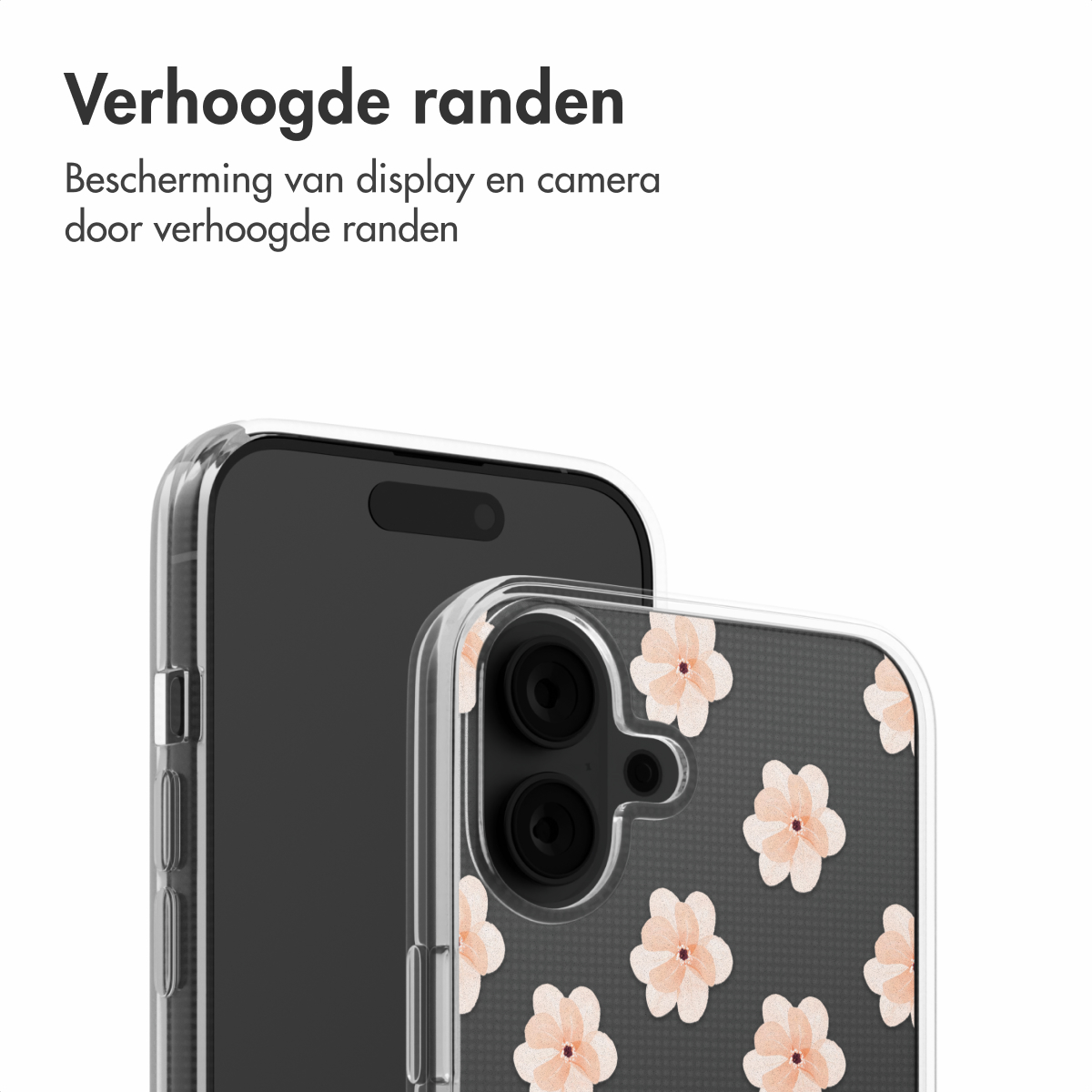 Transparante telefoonhoes met bloemenpatroon op een zwarte telefoon, met een verhoogde rand.