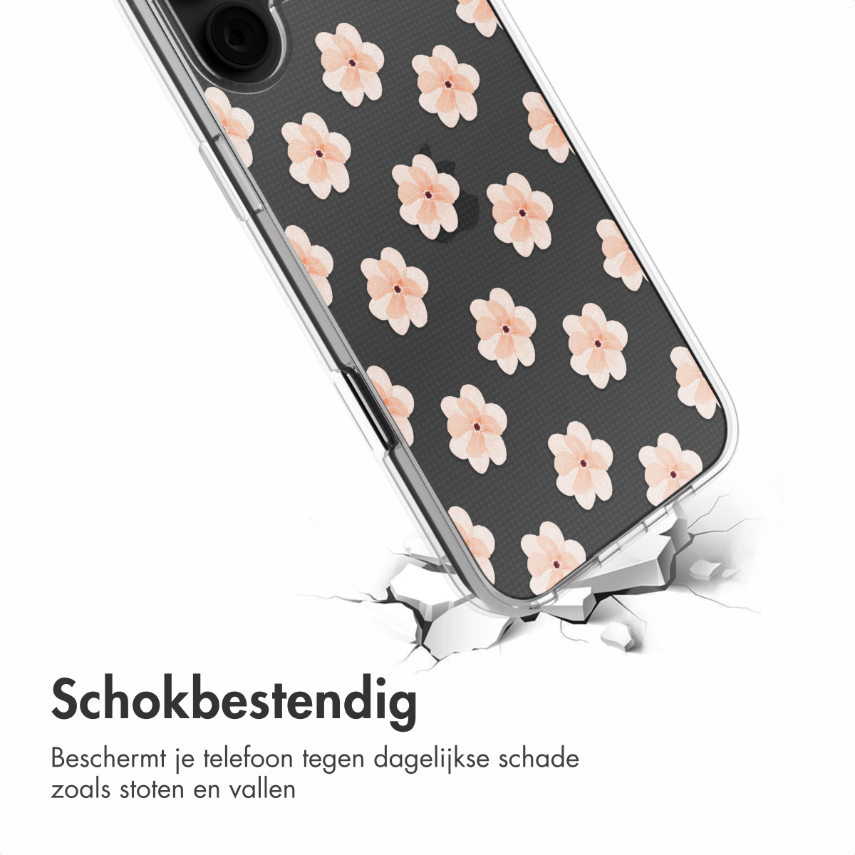 Een telefoonhoesje met een bloemenpatroon valt op een gebarsten oppervlak. Witte achtergrond.