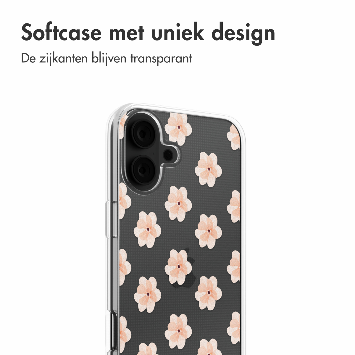 Transparante telefoonhoes met roze bloemenpatroon op een zwarte achtergrond. Hoesje bedekt de telefoon.