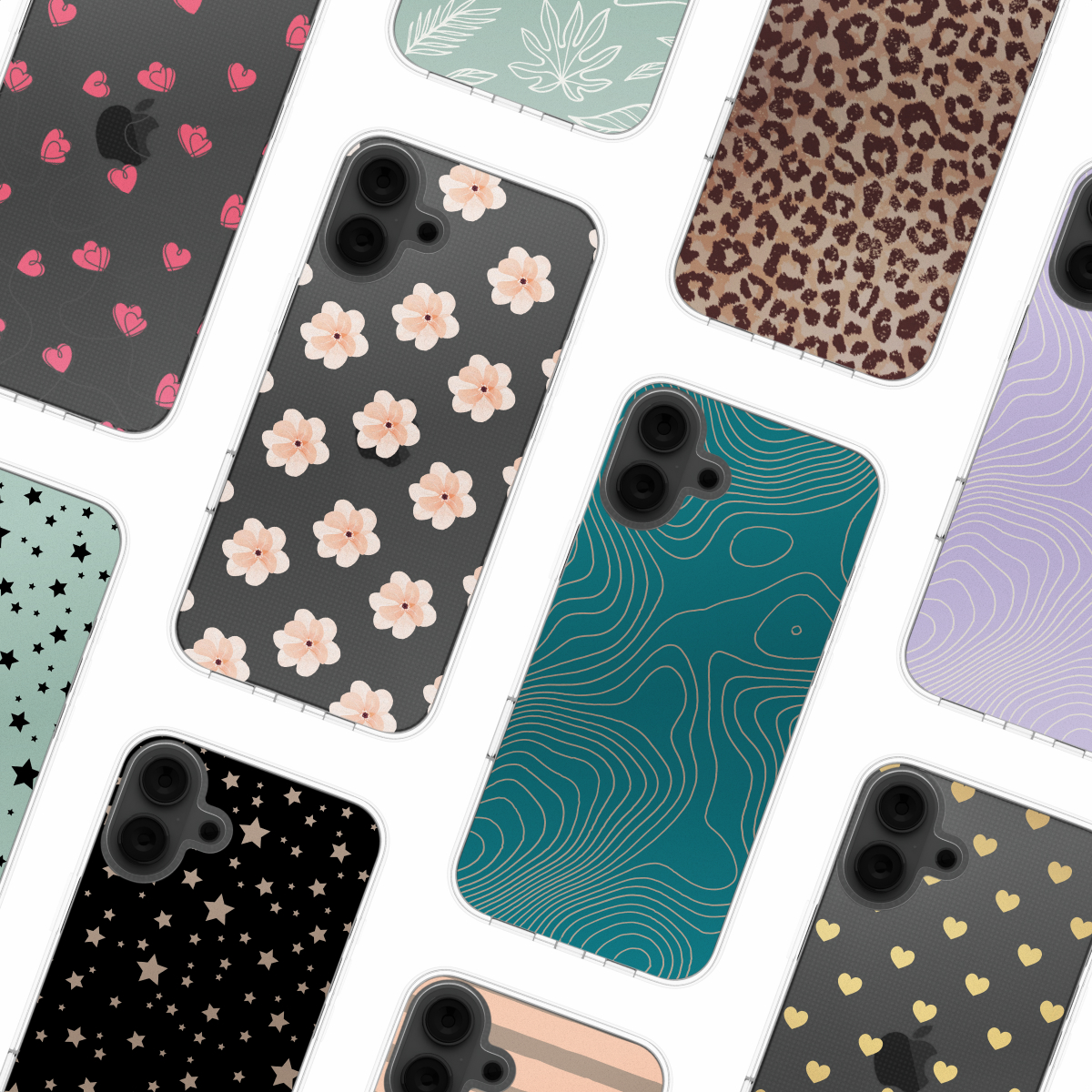 Meerdere telefoonhoesjes met verschillende ontwerpen, waaronder harten, bloemen en abstracte patronen.