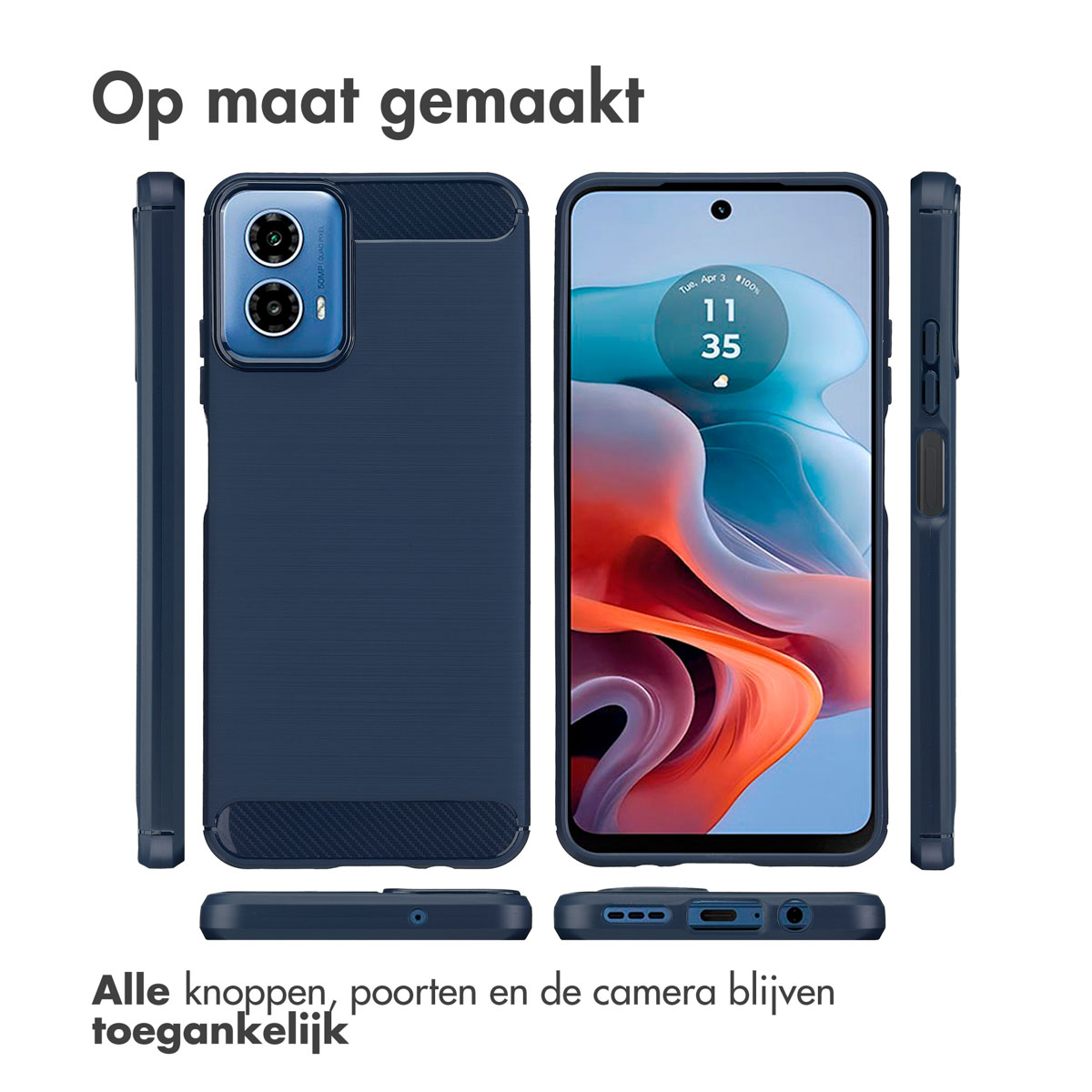 Marineblauwe telefoonhoes, toont het design van de telefoon en toegankelijkheidsfuncties.