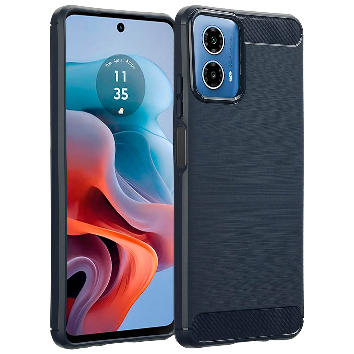 Een blauwe telefoonhoes met een telefoon erin. De telefoon heeft een scherm aan. Witte achtergrond.