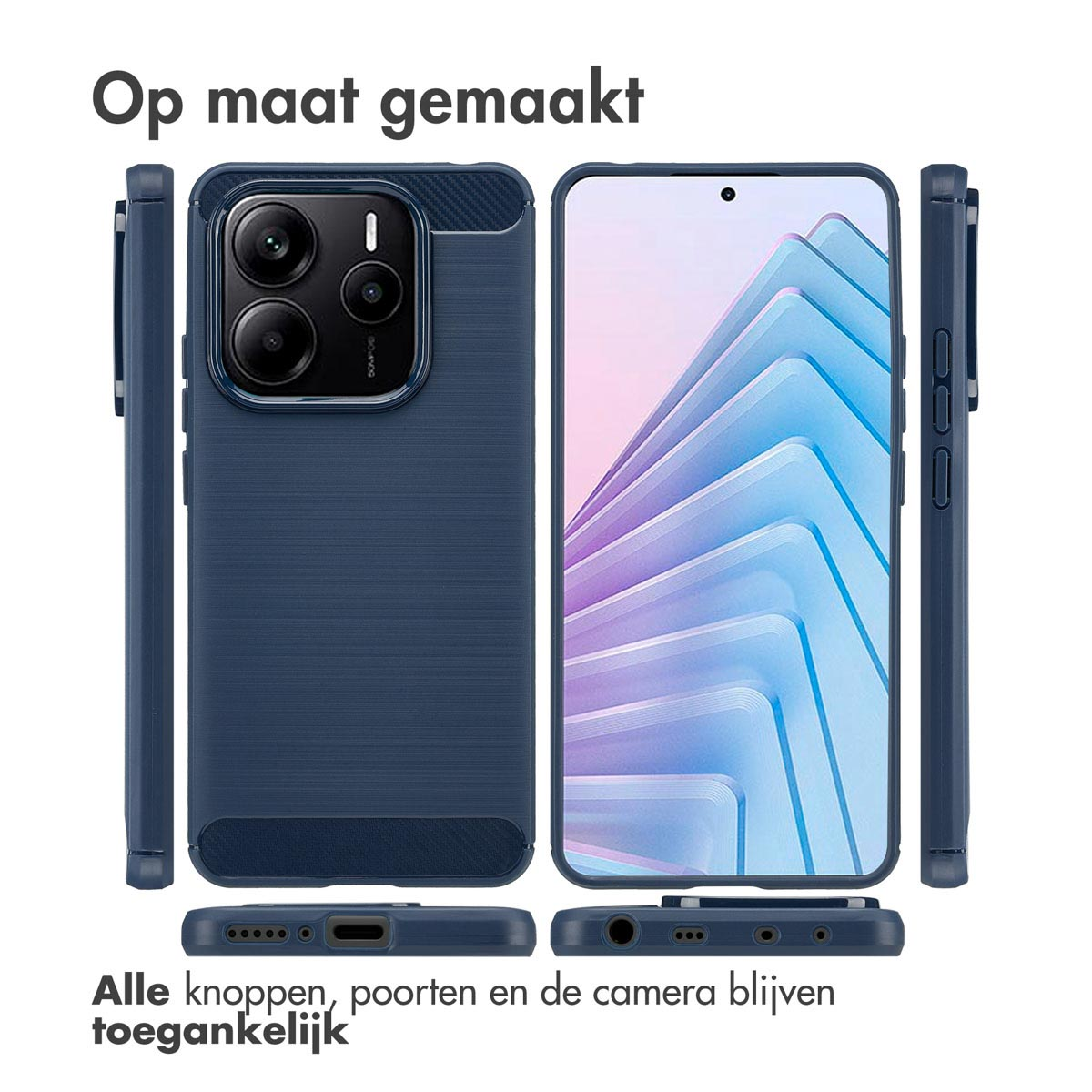 Custodia per telefono blu scuro con telefono nero. La custodia è a sinistra e il telefono al centro.