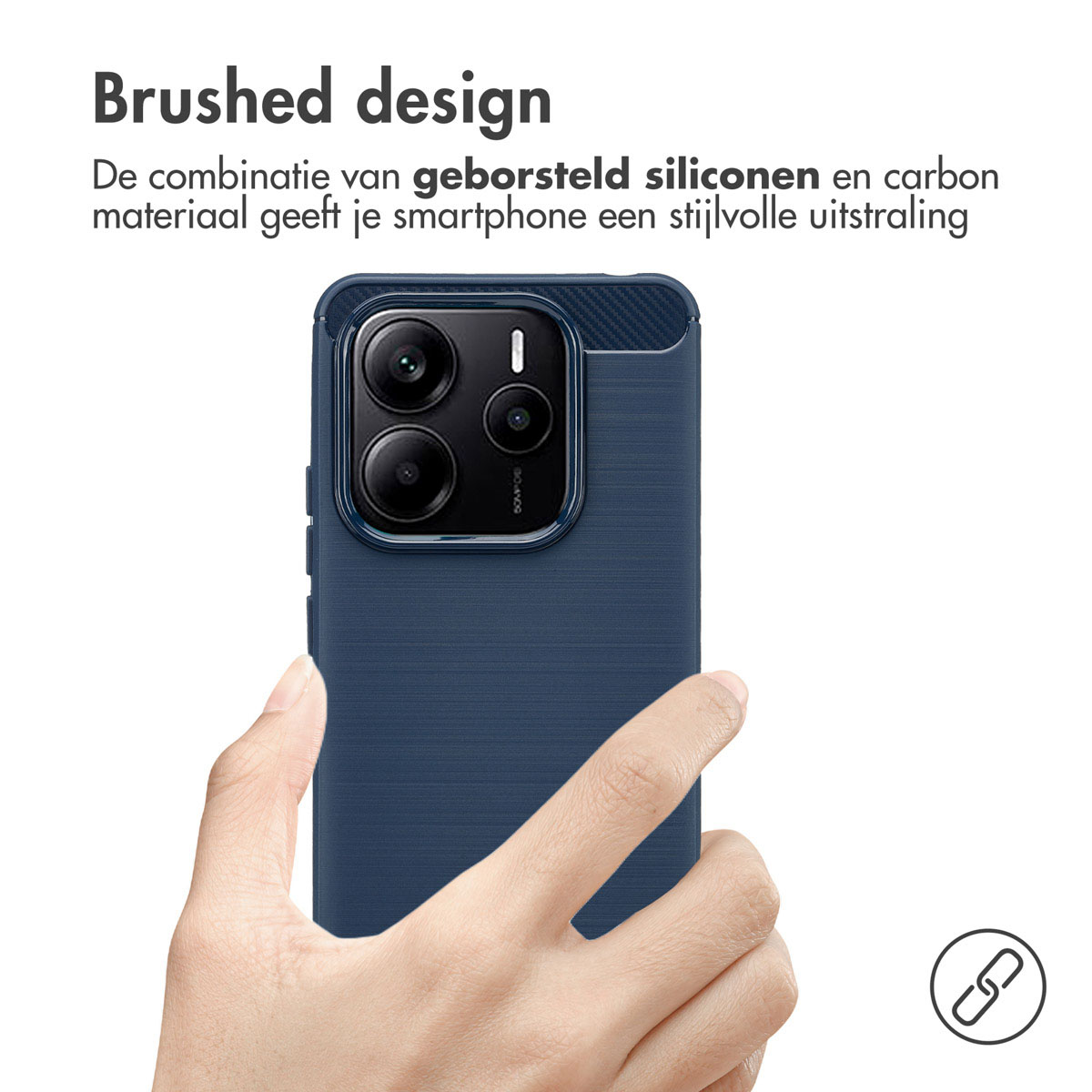 Custodia blu con design spazzolato. Mano che tiene.