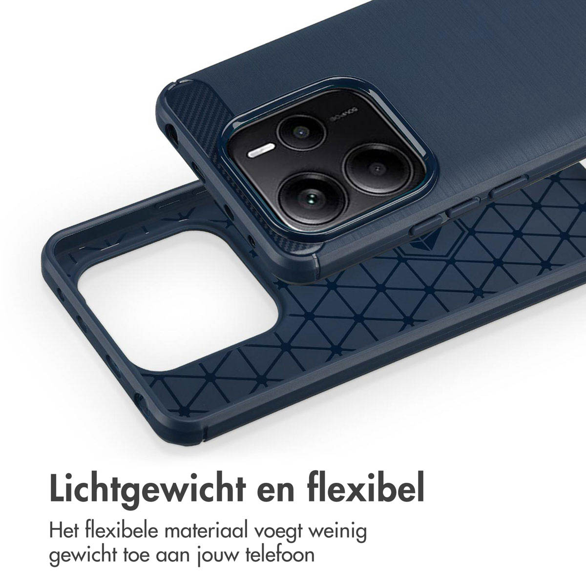Una custodia e un telefono blu navy, con una custodia nera e un design geometrico all'interno.