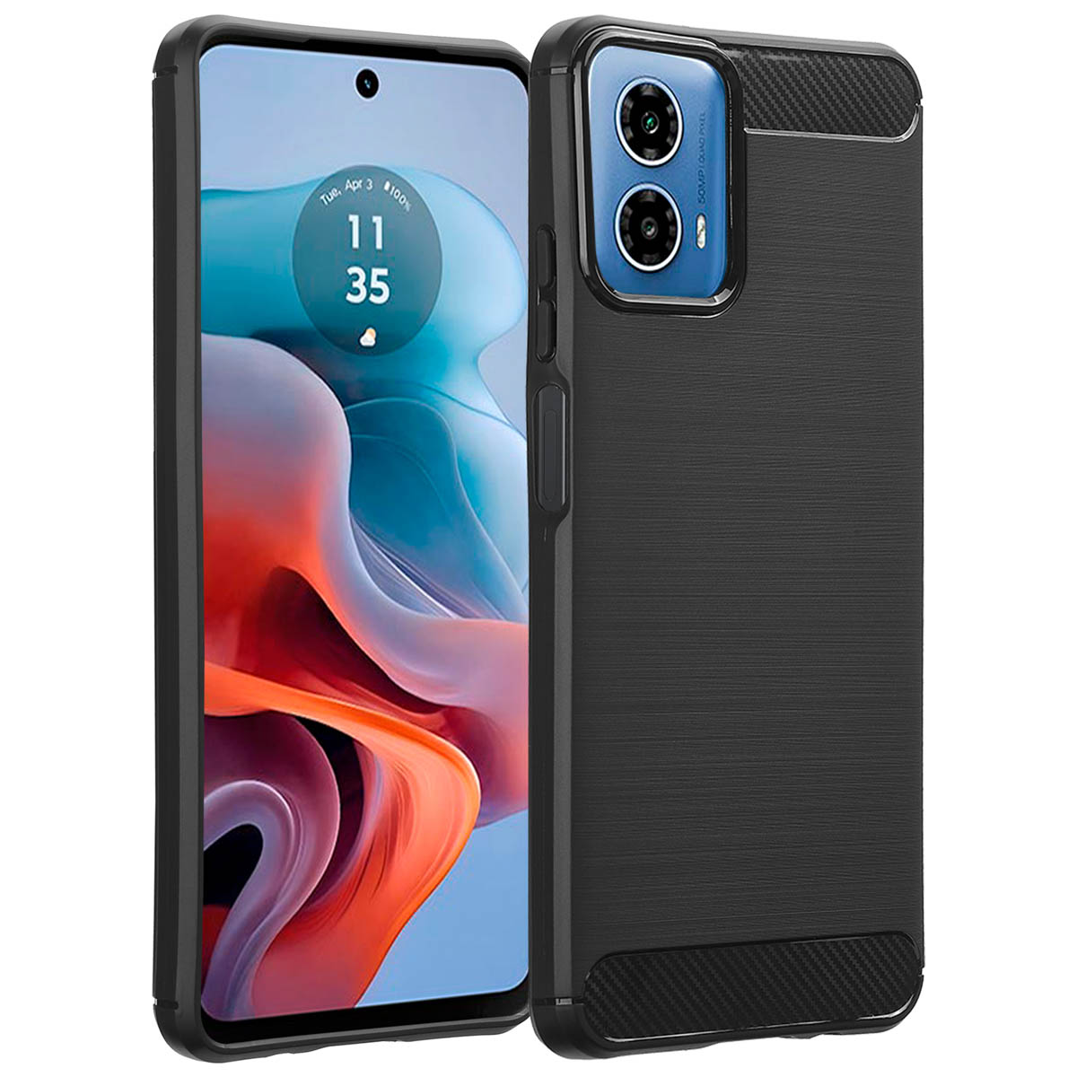Coque de téléphone noire avec écran et deux caméras.
