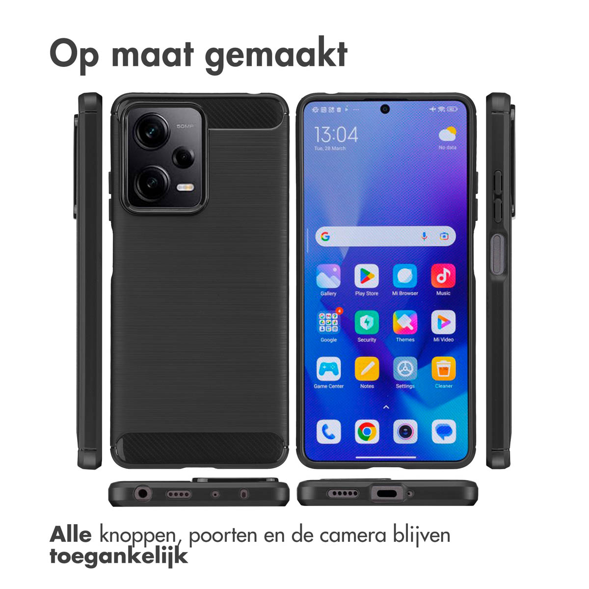 Coque de téléphone noire et téléphone avec écran. L'étui a un dos texturé. Texte à l'écran : Op maat gemaakt.