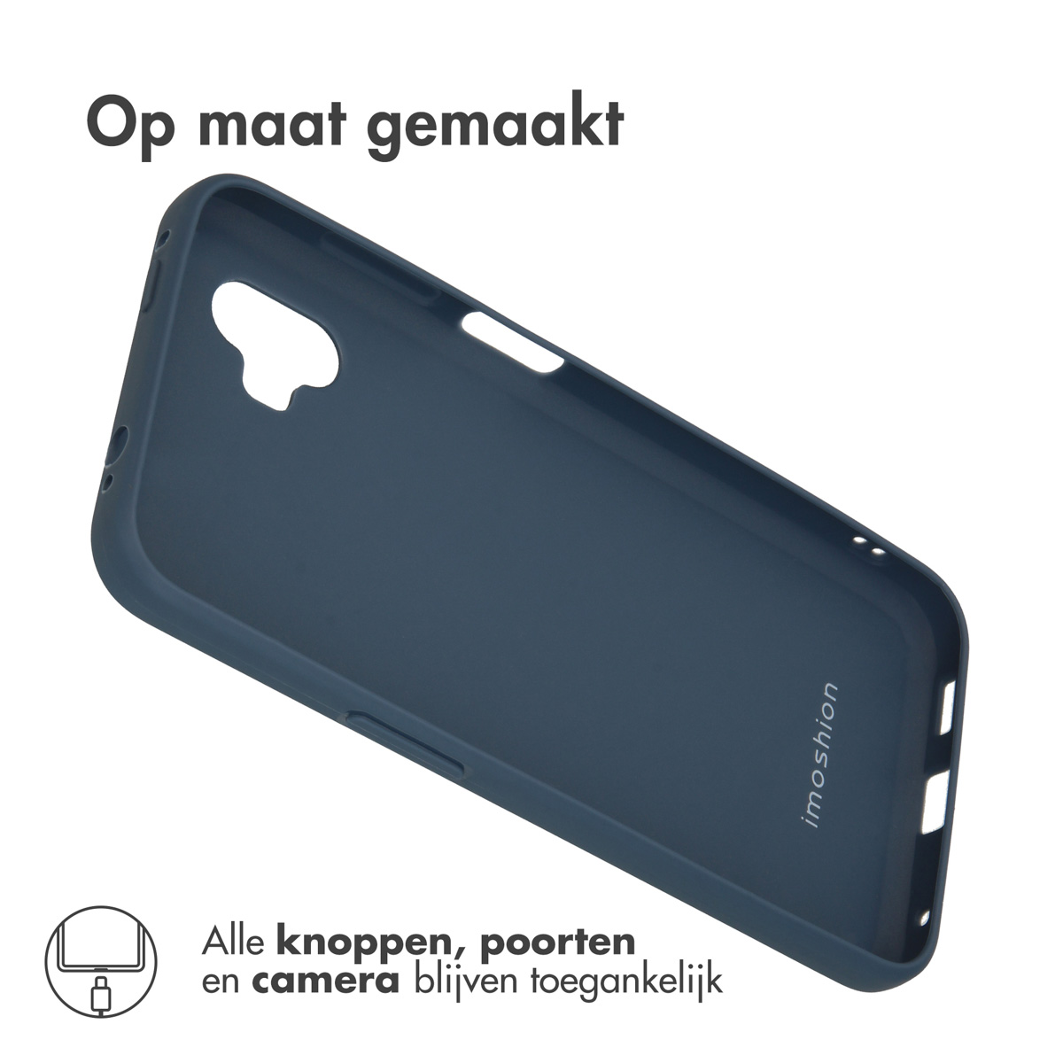 Donkerblauwe telefoonhoes, op maat gemaakt, met alle knoppen en poorten toegankelijk, schuine weergave.