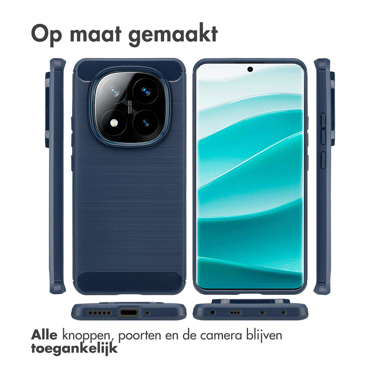 Donkerblauwe telefoonhoes, op maat gemaakt, met alle knoppen en poorten toegankelijk, meerdere weergaven.