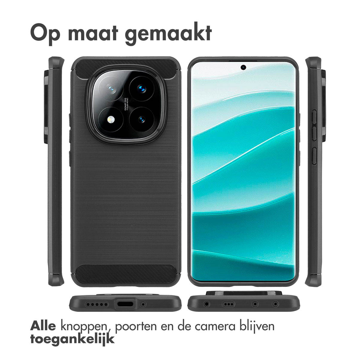 Meerdere weergaven van een telefoon met een doorzichtig hoesje. Zwarte telefoon met meerdere camera's. Witte achtergrond.