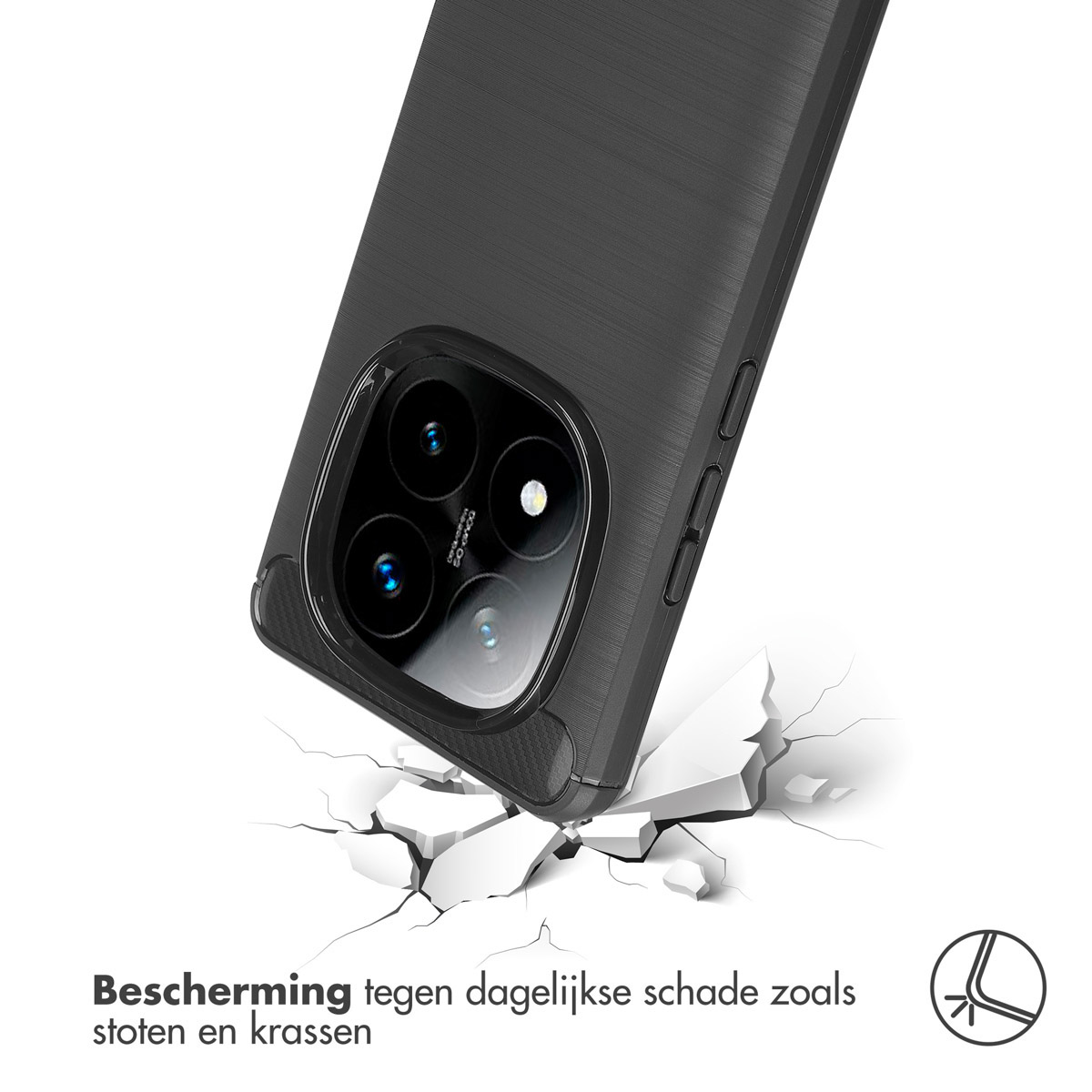 Telefoonhoesje op een oppervlak. De hoes absorbeert de impact van de schade.