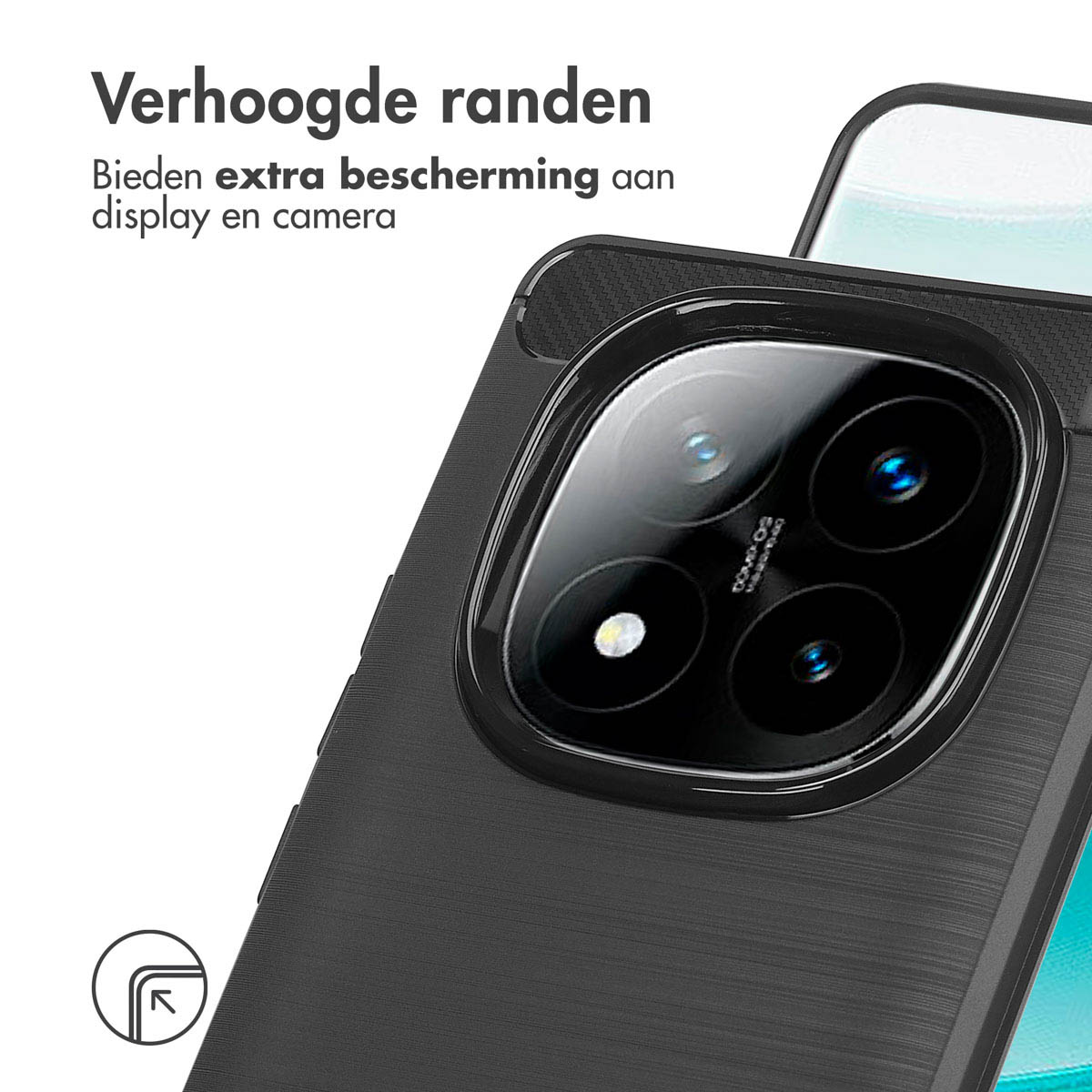 Close-up van telefoonhoesje met verhoogde randen. Text: Biedt extra bescherming voor display en camera.