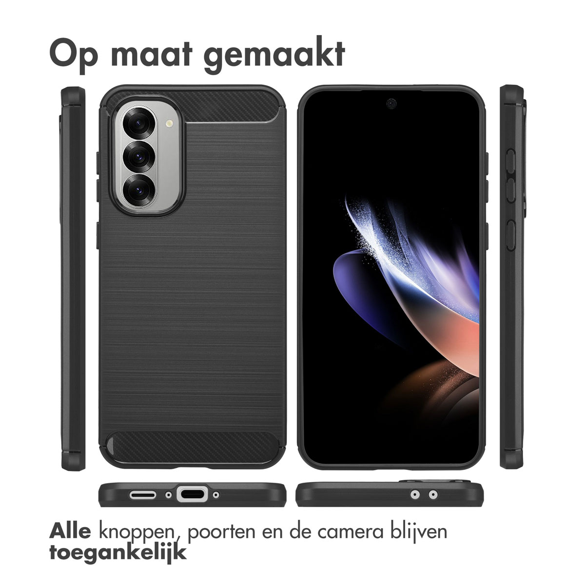 A phone and case, black case, and multiple views of the phone and case.