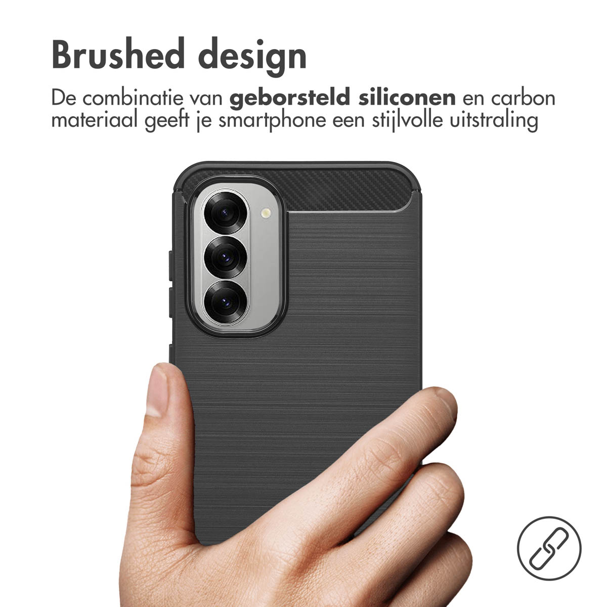 Hand holding a black textured phone case. The phone case has a brushed design.