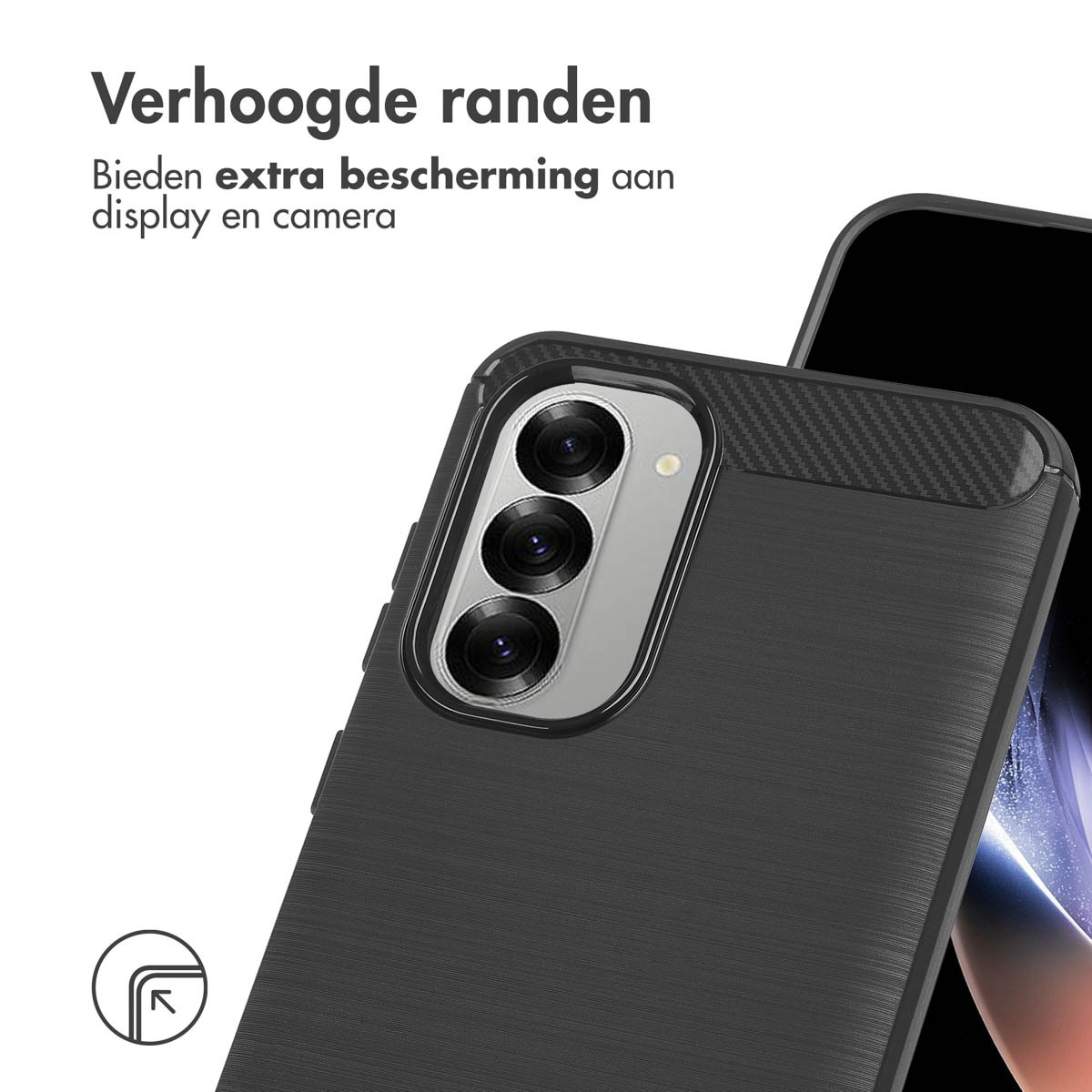 A black phone case with a phone inside. The phone case has raised edges and a textured surface.