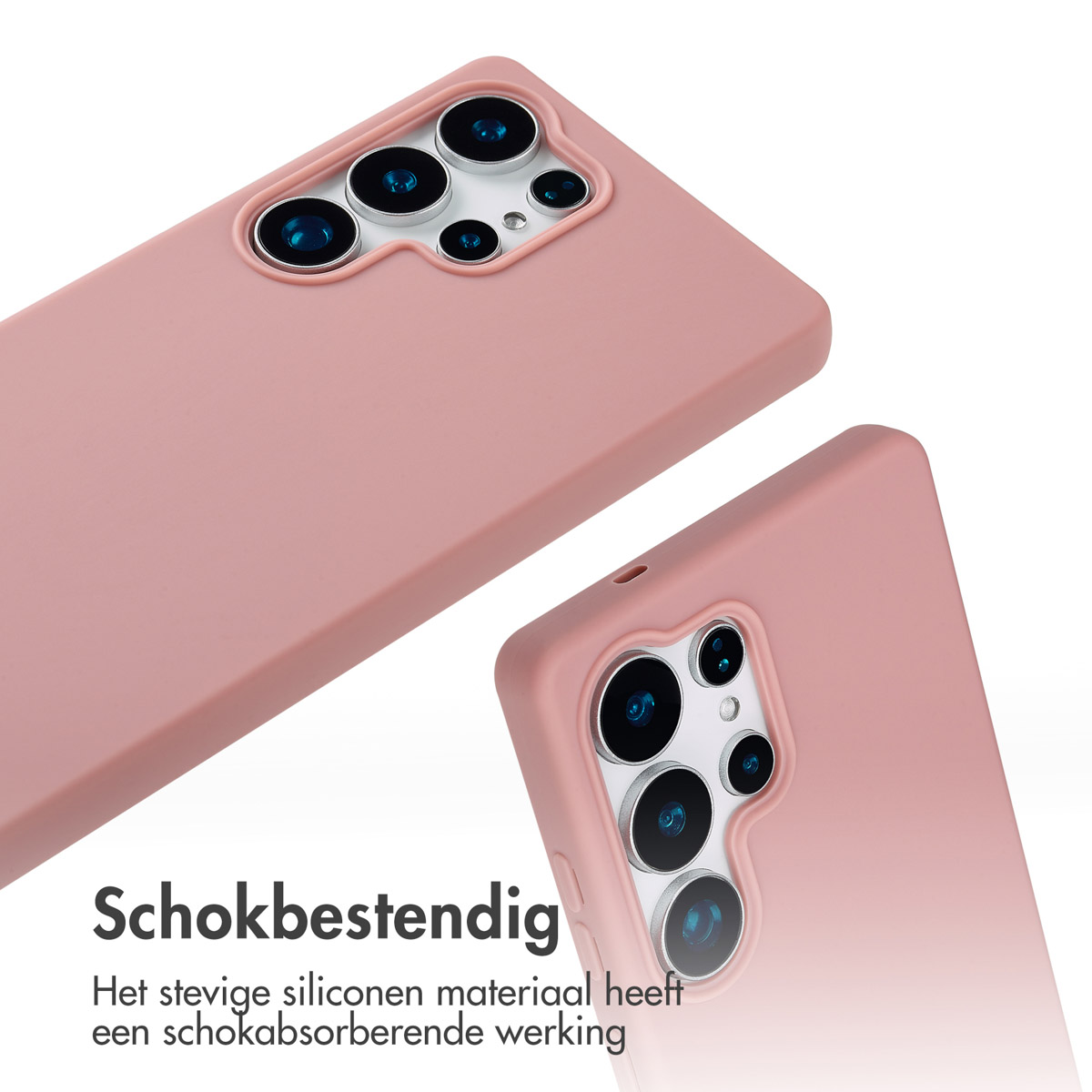 Roze telefoonhoes met telefoon, toont camera. Siliconen materiaal absorbeert schokken.