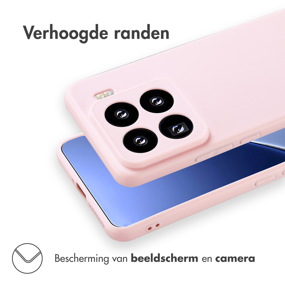 Custodia rosa per telefono e telefono. Testo: 'Verhoogde randen'. Custodia e fotocamera del telefono visibili.