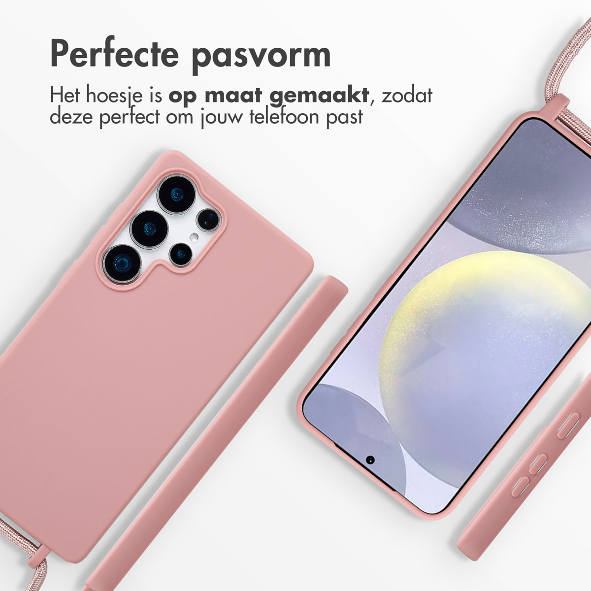 Roze telefoonhoesje met telefoon erin. Tekst: De hoes is op maat gemaakt, past perfect.