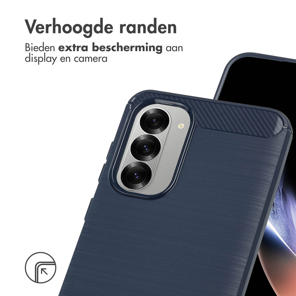 Blue phone case with a phone. Text: Offers extra protection for display and camera.