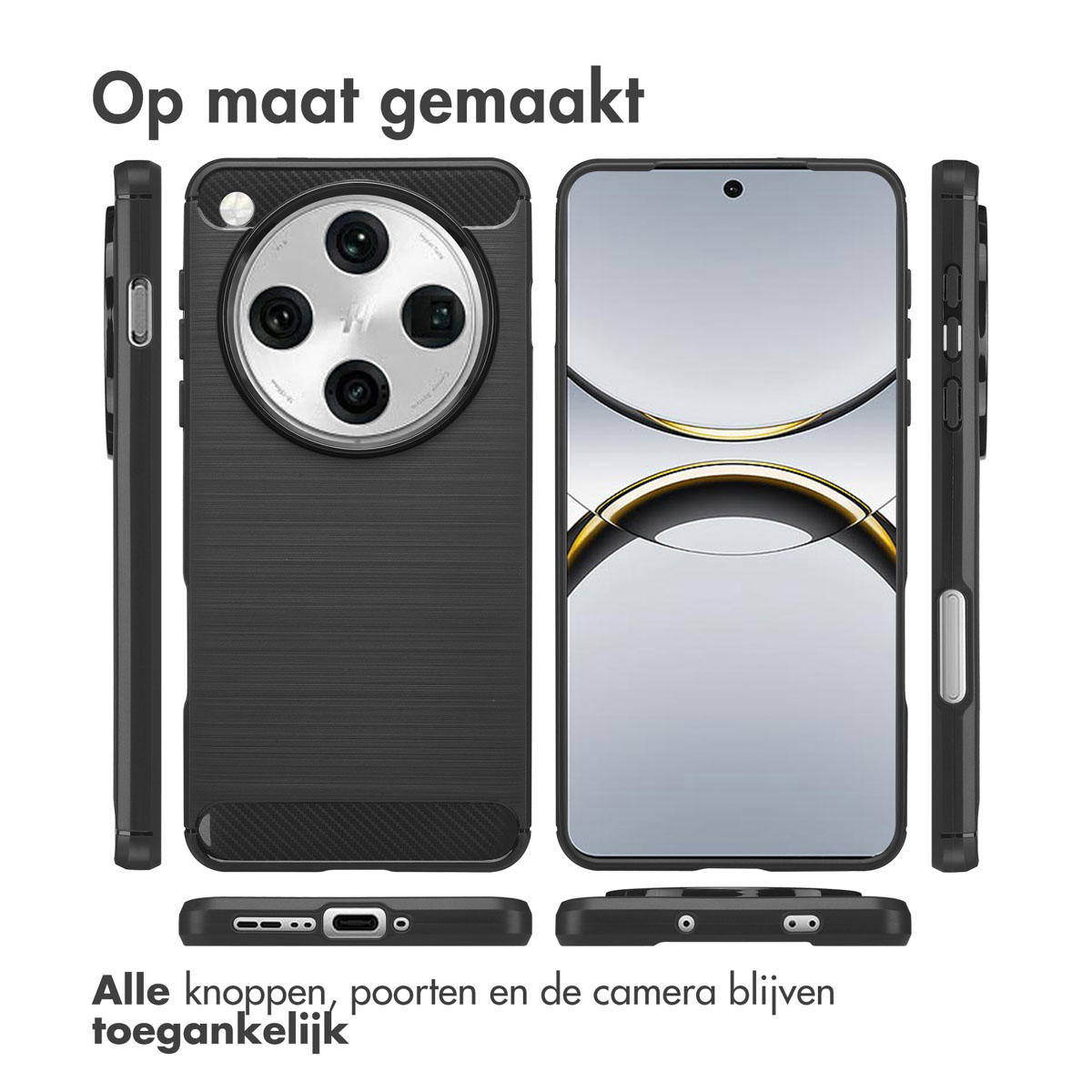 Una custodia per telefono nera con un retro strutturato e un ritaglio per la fotocamera. Il telefono è mostrato in varie angolazioni.