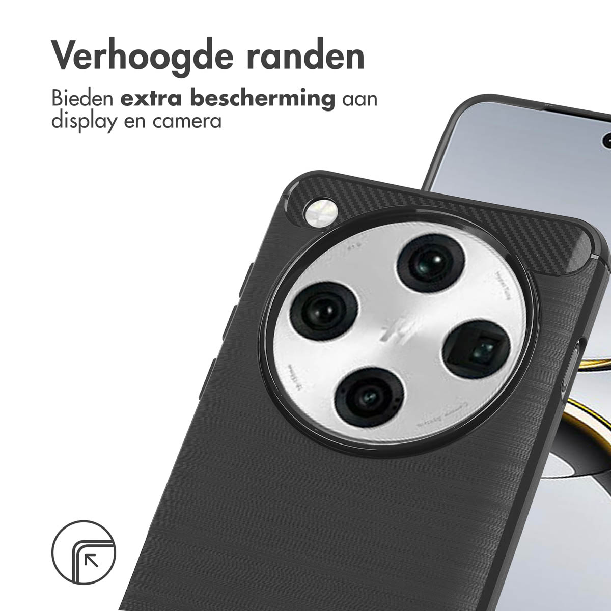 Custodia per telefono e telefono. Testo: 'Verhoogde randen'. Custodia e fotocamera del telefono visibili.