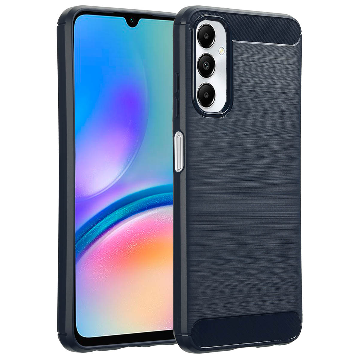 Un téléphone dans un étui sombre avec un dos texturé et un écran visible.