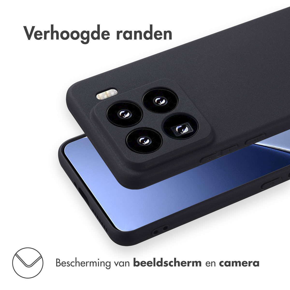 Una custodia nera per telefono protegge un telefono. La custodia ha bordi rialzati, proteggendo lo schermo e la fotocamera.