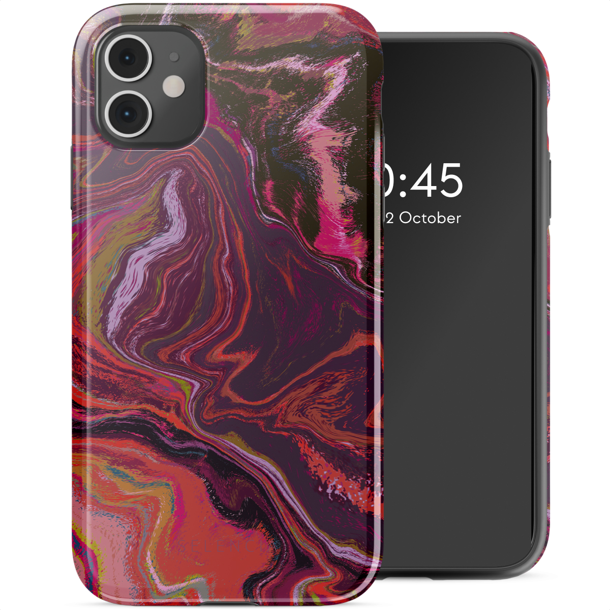 Telefoon met abstracte, kleurrijke hoes. Toont klok met 0:45 en datum, 2 oktober.