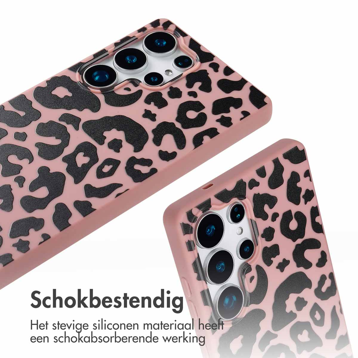 Roze telefoonhoes met luipaardprint. Toont de camera van de telefoon.