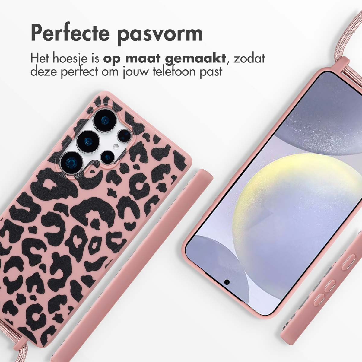 Roze telefoonhoes met luipaardprint met een telefoon en een riem.